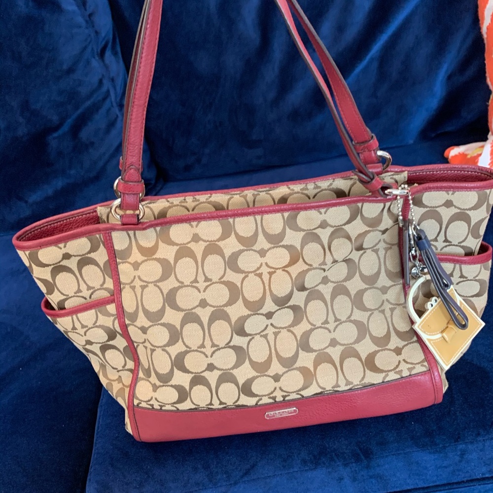 Coach Logo Handbag Purse w/ Burgundy leather trim
